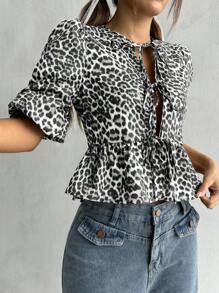 SHEIN EZwear Camisa con estampado de leopardo y lazo en la parte frontal para mujer, para uso casual - Gris - Ver 5