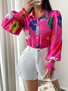 SHEIN LUNE 女士春夏時尚寬鬆燈籠袖花卉印花襯衫 - 玫紅色 - 查看 6