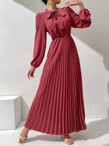 Modelyn Solid Color Arabic Style Pleated Front-Tied Dress For Women - Pink - View 7