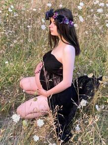 孕妇开衩下摆蕾丝覆盖抹胸连衣裙，适合孕妇拍摄 - 黑色 - 查看 6