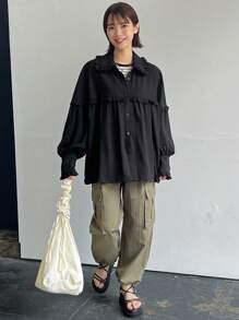 FRIFUL Women's Solid Color Front Buttoned Loose Fit Shirt With Flounced Hem, Perfect For Daily Casual Wear,Ruffle Long Sleeve Top - Black - View 2