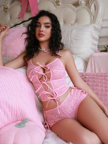 PetitDoll Damen BH Bralette und Höschen Set mit Kreuzschnürung in einfarbiger Einfarbig und Cut Out Aussparungen als sexy Dessous