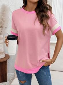 SHEIN LUNE Áo thun nữ chuyển tiếp mùa hè sang mùa thu họa tiết màu hồng phong cách đường phố thông thường - Hồng - Xem 3