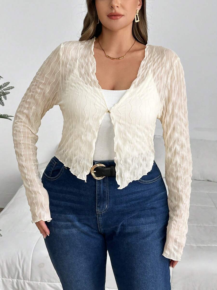 SHEIN Privé 優雅大尺碼女士上衣，半透明黑色紋理面料，春/夏季適用，適宜旅行和日常穿著 - 白色 - 查看 1