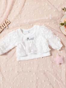 3 pezzi Bianco Pantaloni Con Bordo Di Pizzo, Top A Maniche Lunghe E Bavaglino  Set Per Bambine, Abbigliamento Per La Casa - Bianco - Visualizzare 3