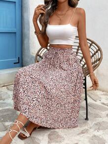 SHEIN VCAY 女士百褶高腰假日印花裙，帶荷葉邊緣 - 彩色 - 查看 6