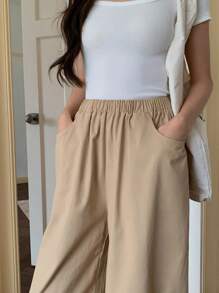 EastFlair Pantalones holgados con bolsillo ranurado sólido tejido para mujer con puños ajustados - Blanco y Negro - Ver 6