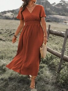 Robe grande taille à col en V, manches à volants, taille avec nœud, ourlet plissé fendu, robe longue pour femmes