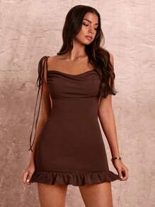 SHEIN BAE Summer Sexy Red Bodycon Dress With Deep Draped Neck, Bow Tie Back And Hollow Out Design With Sweet Ruffle Trim Decoration For Women - Coffee Brown - View 5