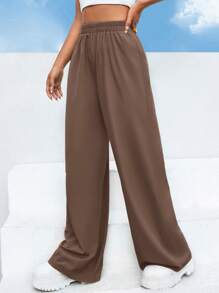 EURMUSE Women's Solid Color Elastic Waist Wide Leg Loose Casual Pants - Brown - View 1