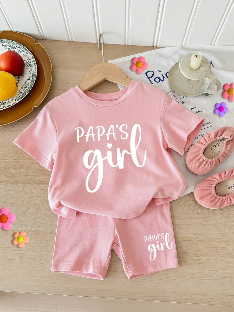 SHEIN Bộ áo thun ngắn tay và quần short in chữ đơn giản thường ngày cho bé gái, thích hợp cho mùa hè - Hồng - Xem 1