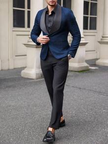 Manfinity Mode Men Solid Shawl Collar Blazer & Suit Pants - Royal Blue - View 5
