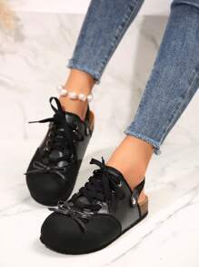 Scarpe da balletto nere con allacciatura a nastro e fiocco per donne, stile college, delicato e morbido suola piatta confortevole - nero - Visualizzare 5
