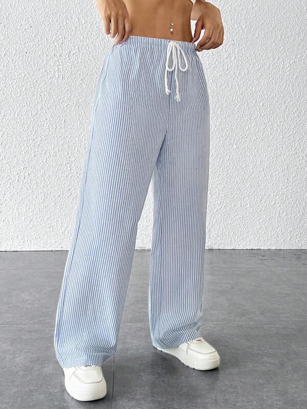 SHEIN PETITE Striped Women's Linen Low Rise Pants, Summer Vocation