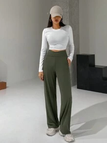 DAZY 高腰阔腿女长裤交叉腰带夏季 - 橄欖綠 - 查看 3
