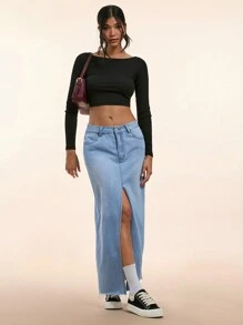 Forever 21 秋冬新款船領長袖彈性針織T恤 - 黑色 - 查看 6