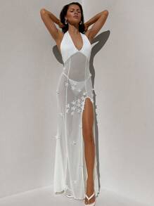 Aloruh Tief ausgeschnittenes V-Ausschnitt Halter-Mesh-Kleid für Damen mit 3D-Blumendesign und hohem Schlitz