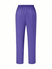 Plus Size Màu Trơn Đơn Giản Hàng Ngày Áo Sơ Mi Tay Ngắn Và Quần Dài Đồng Phục, Bộ Tẩy Tế Bào Chết Cho Nữ - Màu tím - Xem 5