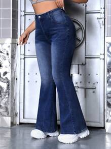 SHEIN ICON Women Plus Size Fashionable Flare-Leg Jeans For Daily - Dark Wash - View 1