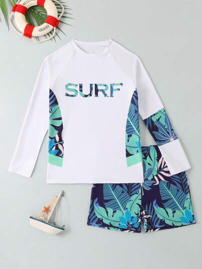 SHEIN Tween Boy Round Neck Long Sleeve Allover Print Patchwork Top And Allover Print Shorts Set (Random Print) Summer Holiday Boys Two Piece Rash Guard Swimsuits Set With Swim Trunk Kids Long Sleeve Bathing Suit Swimwear Set