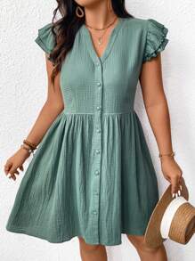 SHEIN Frenchy Plus Kích thước Cổ chữ V dành cho nữ, Quay lại đến trường ,Màu trơn Đơn giản Mặc hàng ngày Váy - Màu xanh lá cây đậm - Xem 7