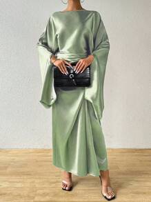Chiquease Solid Color Round Neck Long Sleeve Top And Draped Knot Skirt Elegant Two-Piece Set - Green - View 6