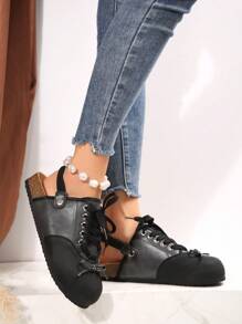 Scarpe da balletto nere con allacciatura a nastro e fiocco per donne, stile college, delicato e morbido suola piatta confortevole - nero - Visualizzare 6
