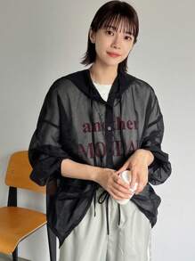 FRIFUL Women's Simple Printed Hooded Long-Sleeved Shirt Sheer Long Sleeve Women - Black - View 1