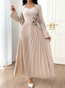 Modelyn 女士纯色简约日常穿着朴素连衣裙，带 3D 花朵装饰，派对优雅晚装长袖超长连衣裙长款晚礼服 - 米色 - 查看 3