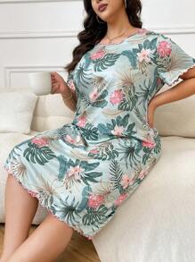 Plus Size Women's Tropical Plant Printed Round Neck Short Sleeve Pajama T-Shirt Dress