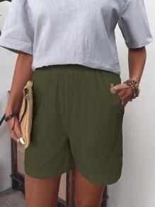 EMERY ROSE 女士夏季纯色简约休闲短裤 - 軍綠色 - 查看 4