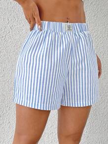 SHEIN EZwear 蓝白条纹梭织女式休闲短裤，夏季 - 藍白色 - 查看 4