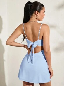 SHEIN BAE 夏季粉色無袖露背打結蝴蝶結女式迷你A字甜美裙 - 淺藍色 - 查看 6