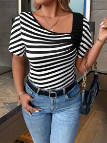 SHEIN Clasi Plus Size Women's Asymmetric Collar Striped Short Sleeve Casual T-Shirt, Summer