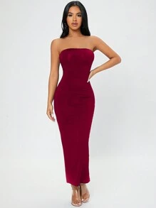 SHEIN PETITE Váy xẻ lưng ống mùa hè dành cho nữ - Màu Đỏ Sâu - Xem 4