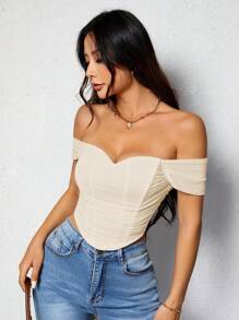 SHEIN PETITE Camiseta de hombros descubiertos simple y sencilla para uso diario de mujer - Albaricoque - Ver 7