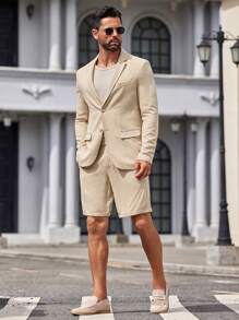Manfinity VCAY Men's 2pcs Woven Leisure Suit, Short Fitted Blazer And Straight-Leg Trousers, Spring/Summer - Khaki - View 5