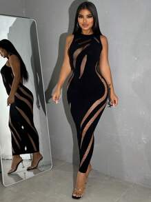 BamGleam Đầm Maxi Cổ Tròn Màu Trơn Gợi Cảm Ôm Sát Cho Nữ Mùa Hè Có Lỗ Xỏ - màu đen - Xem 6