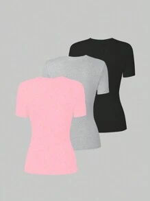 SHEIN LUNE Solid Color V-Neck Casual Short Sleeve T-Shirt For Summer - Multicolor - View 2