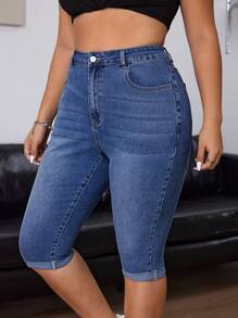 SHEIN EZwear Jean décontracté pour femme grande taille avec revers de l'ourlet pour tous les jours - Jean bleu - Voir 5