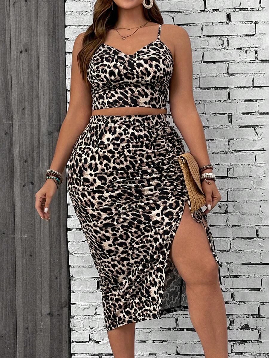 SHEIN VCAY Plus Size Leopard Print Cami Top And Slit Beach Skirt Set,Holiday Outfits - Multicolor - View 1