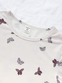 Tween-Mädchen Set aus langärmligem Oberteil mit Rundhalsausschnitt, einfarbig und Hose mit Schmetterlings /Leoparden Allover Print - Verschiedenfarbig - Übersicht 7