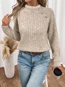 SHEIN Frenchy Women's  Fall Winter Warm Long Sleeve Lace Collar Buttoned Patchwork Sweater, Autumn/Winter Brown Casual