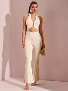 SHEIN BAE Women's Solid Color Back Tie Bodycon Jumpsuit With Metal Detailing, Casual Vacation