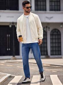 GENTILAND Giubbotto da baseball con spalle larghe integrate in tessuto intrecciato per uomo, adatto per le stagioni primavera ed autunno - Albicocca - Visualizzare 3