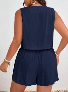SHEIN Frenchy Estate vacanza casual anteriore-pulsante gilet e pantaloncini con tasche taglie forti 2 pezzi/set - Blu Navy - Visualizzare 2