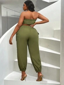 Maweii Top sin tirantes y pantalones con bolsillo de solapa para el verano en tallas grandes - Verde - Ver 2