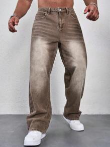 Manfinity Homme Denim Diários de Cor Sólida Simples Masculinos, Denim Escuros Lisos Longos e Folgados Lavados, Calças Cargo para Presente de Marido e Namorado - Caqui - Visão 3