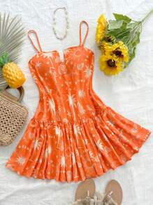 Soleia Vestido corto casual de playa con estampado tropical naranja suelto y cómodo, con apliques y volantes - Puede usarse dentro o fuera durante las vacaciones de verano - Naranja - Ver 1