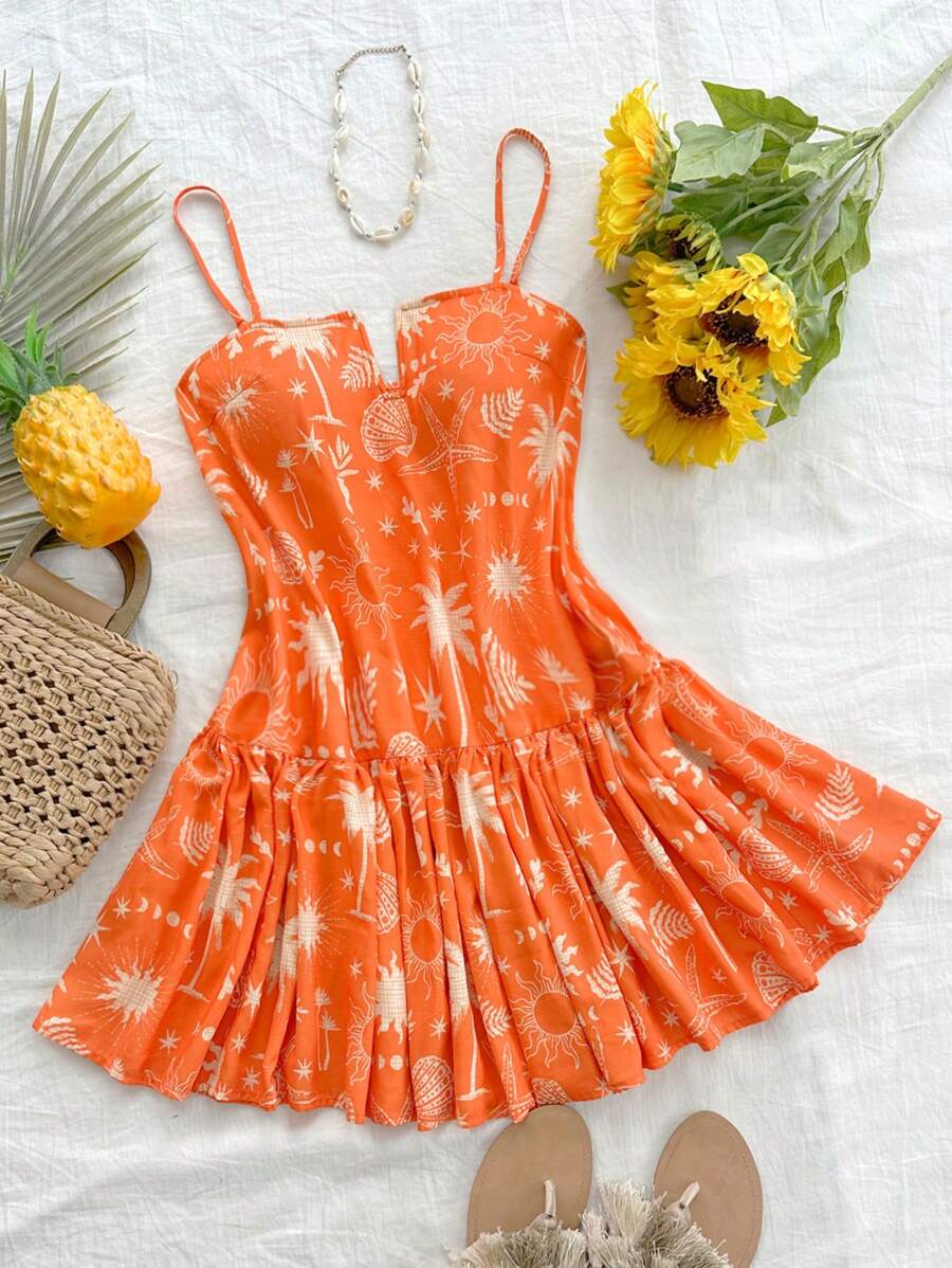 Soleia Vestido corto casual de playa con estampado tropical naranja suelto y cómodo, con apliques y volantes - Puede usarse dentro o fuera durante las vacaciones de verano - Naranja - Ver 1